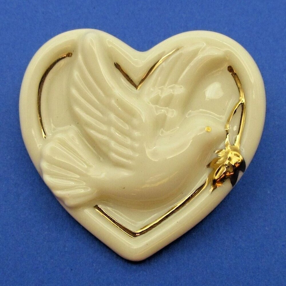 Vintage Lenox Signed Porcelain Ivory & Gold Heart & Dove Olive Branch Brooch Pin